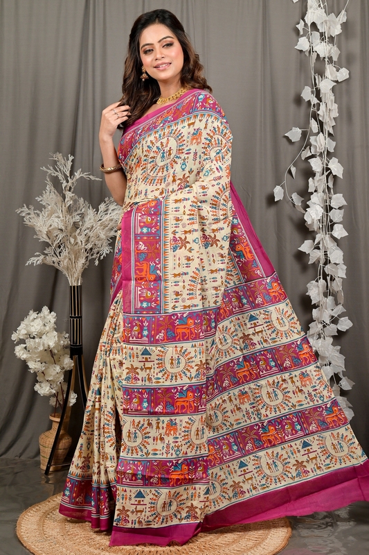 Off White Purple Pure Cotton Feepsi Kalamkari Printed Saree (3033)