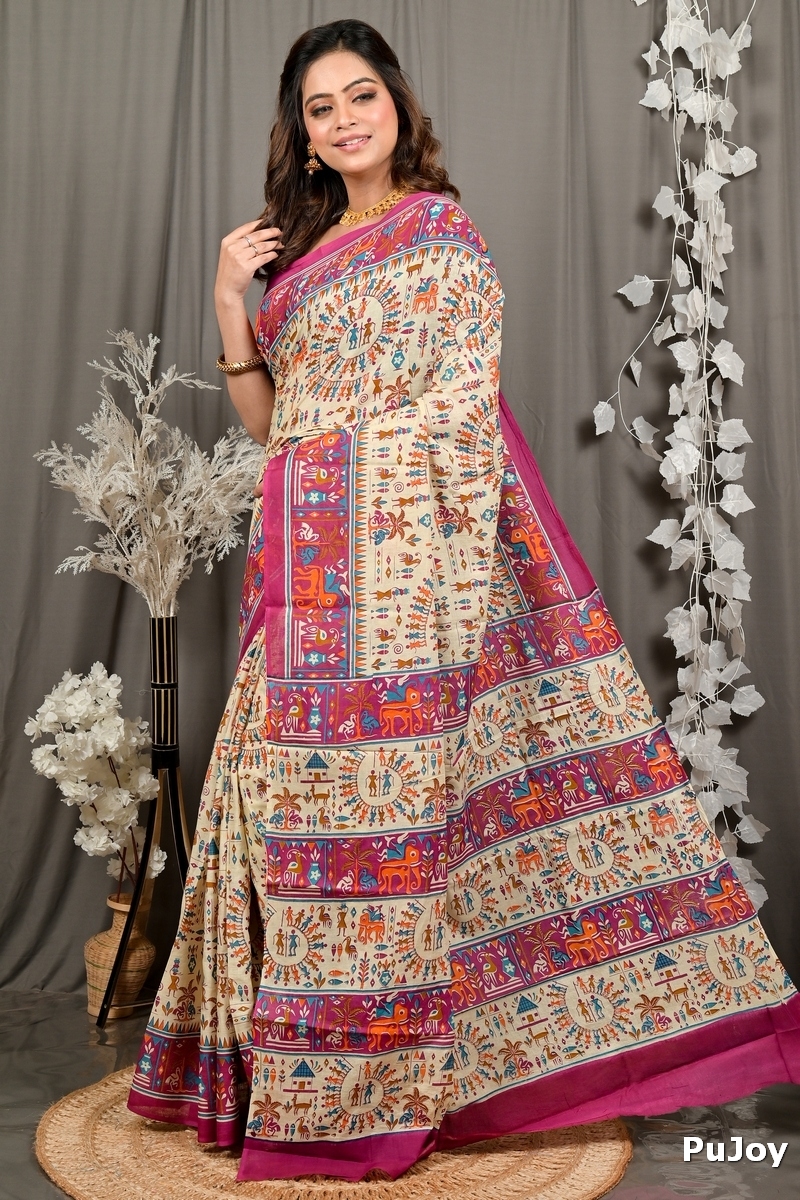 Off White Purple Pure Cotton Feepsi Kalamkari Printed Saree (3033)