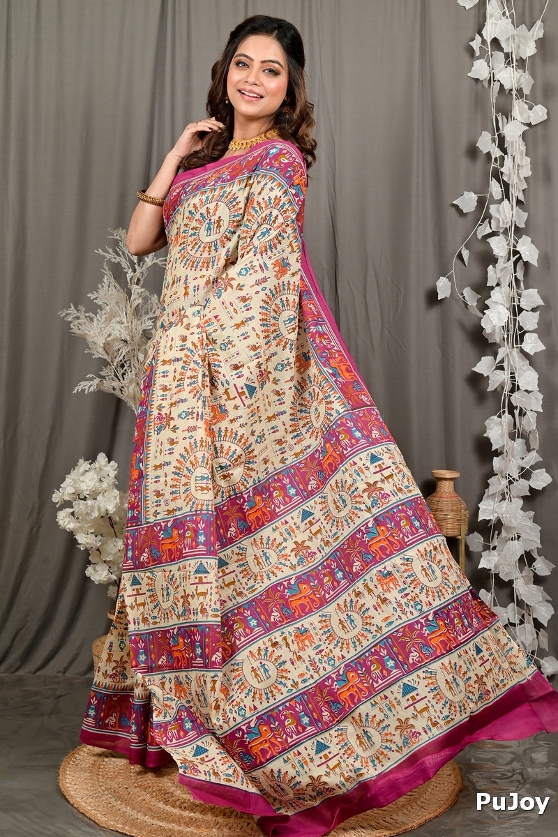 Off White Purple Pure Cotton Feepsi Kalamkari Printed Saree (3033)