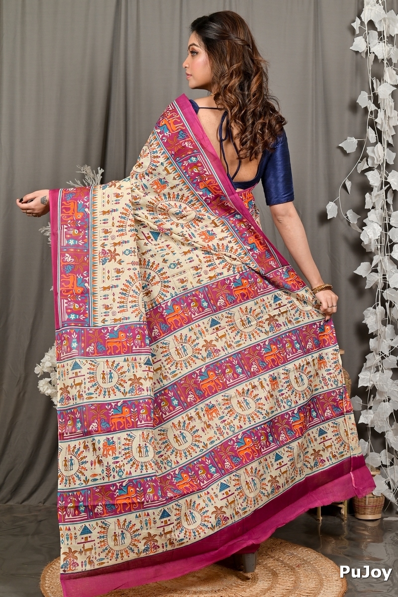Off White Purple Pure Cotton Feepsi Kalamkari Printed Saree (3033)