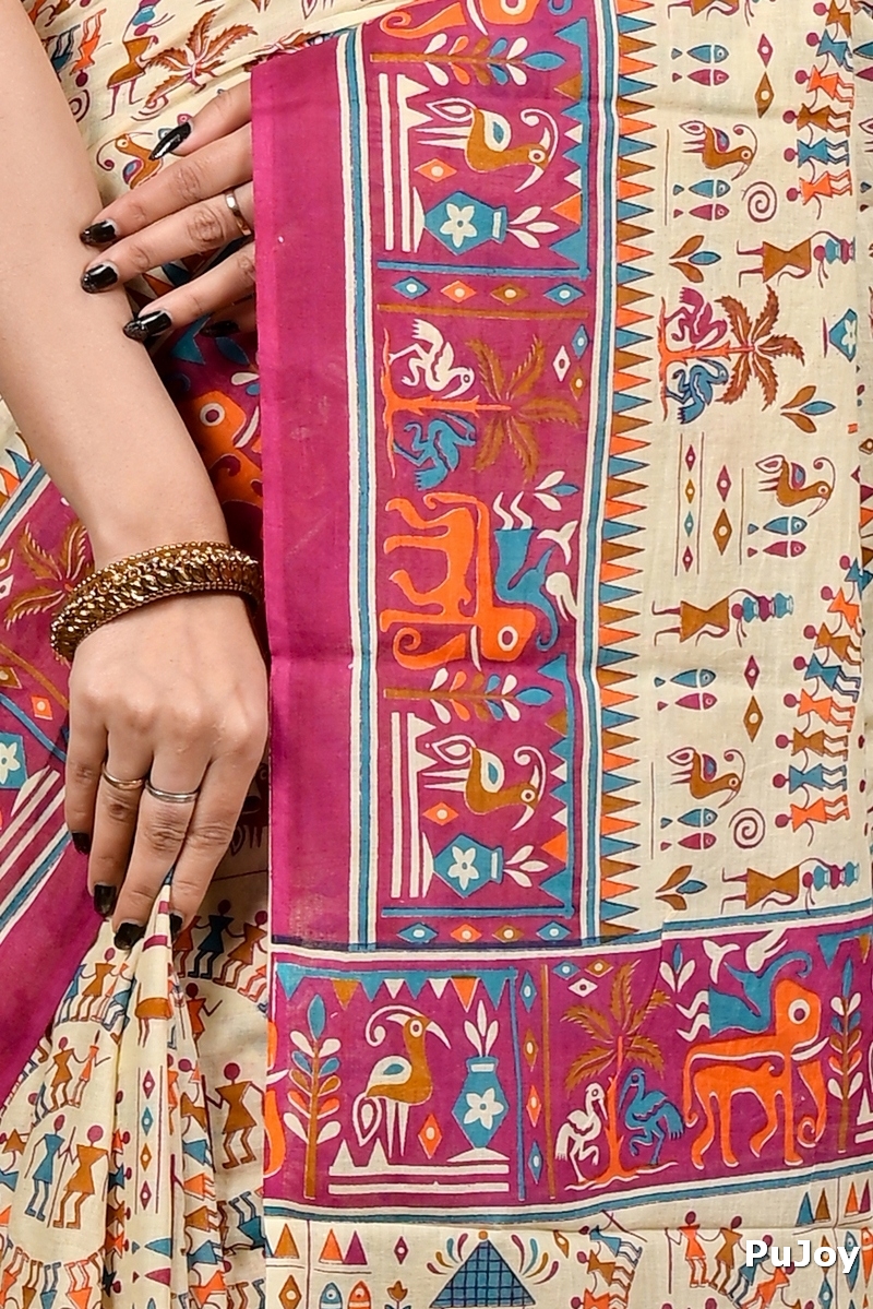 Off White Purple Pure Cotton Feepsi Kalamkari Printed Saree (3033)