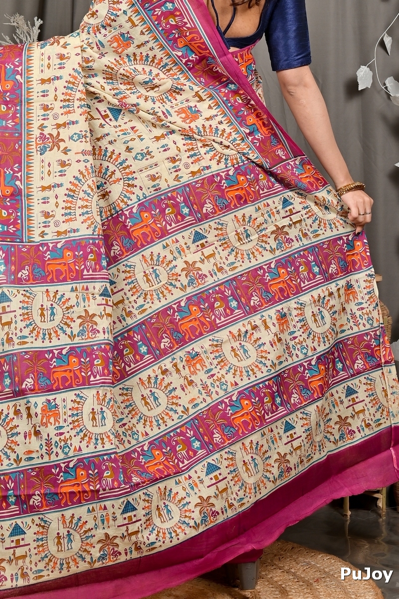 Off White Purple Pure Cotton Feepsi Kalamkari Printed Saree (3033)