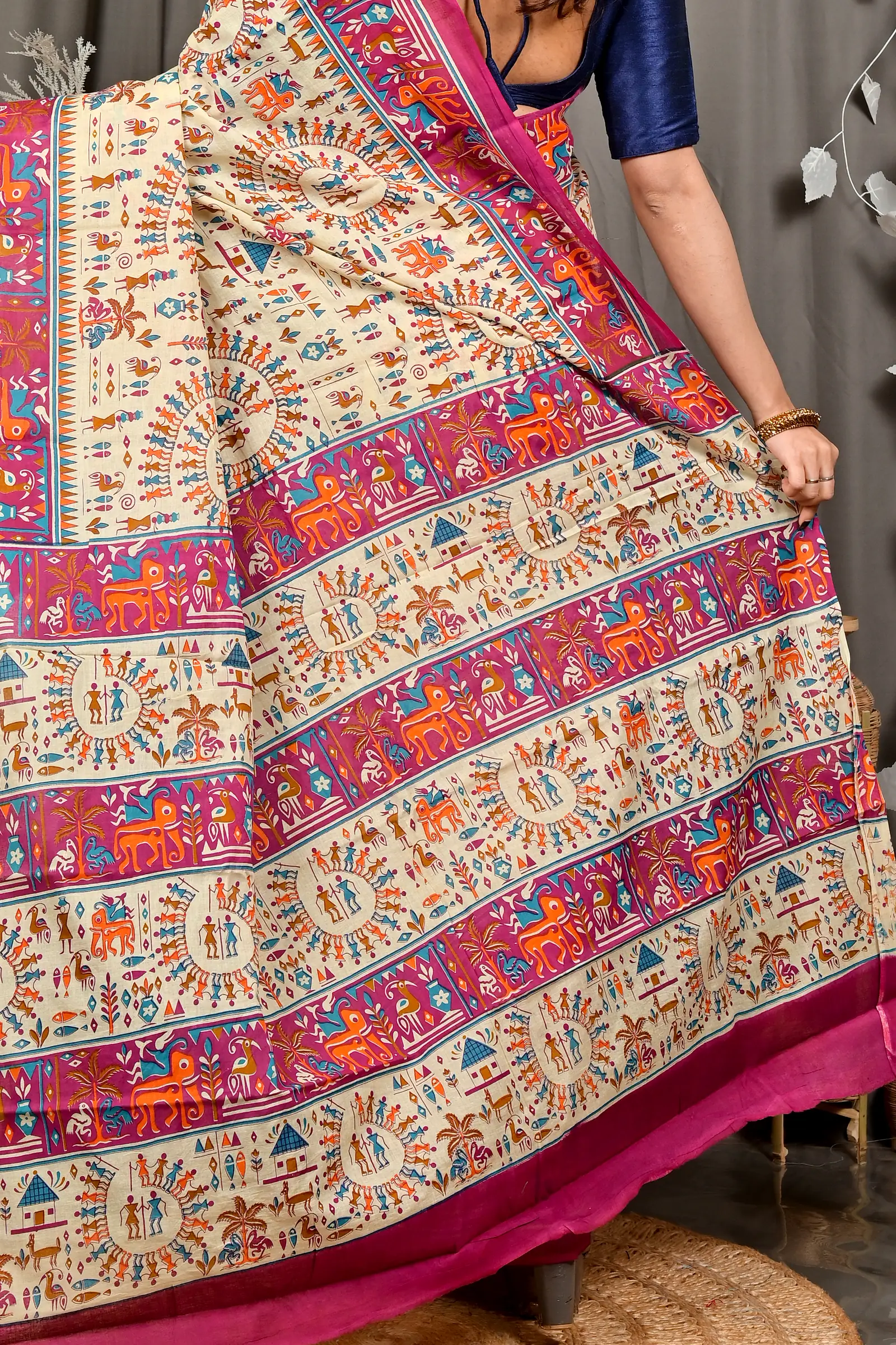 Off White Purple Pure Cotton Feepsi Kalamkari Printed Saree (3033)