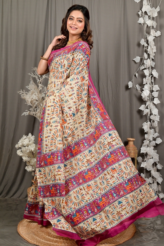 Off White Purple Pure Cotton Feepsi Kalamkari Printed Saree (3033)