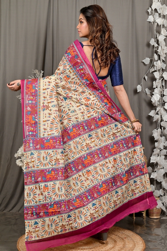 Off White Purple Pure Cotton Feepsi Kalamkari Printed Saree (3033)