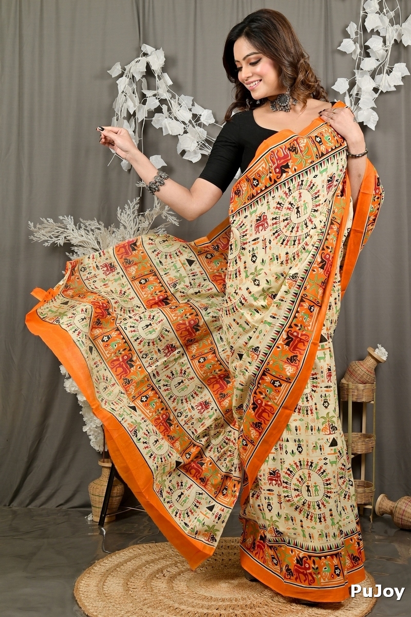 Off White Orange Pure Cotton Feepsi Kalamkari Printed Saree (3034)