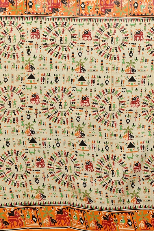 Off White Orange Pure Cotton Feepsi Kalamkari Printed Saree (3034)