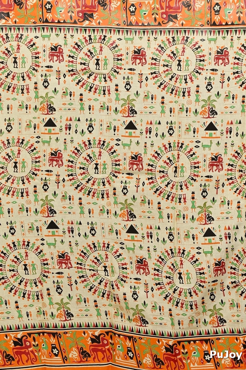 Off White Orange Pure Cotton Feepsi Kalamkari Printed Saree (3034)