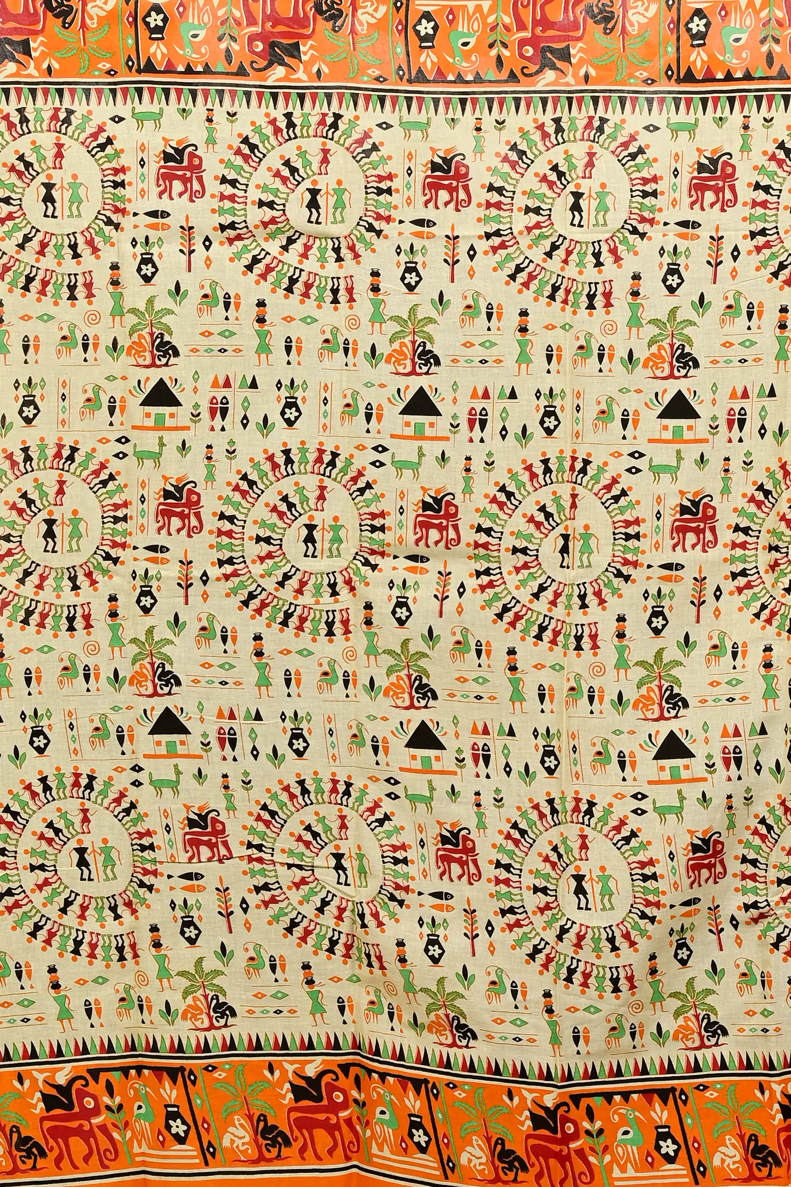 Off White Orange Pure Cotton Feepsi Kalamkari Printed Saree (3034)