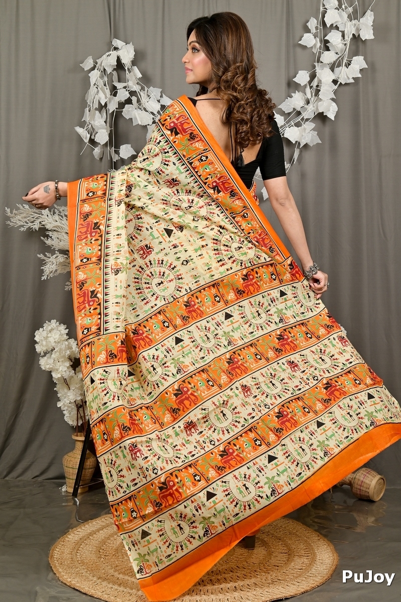 Off White Orange Pure Cotton Feepsi Kalamkari Printed Saree (3034)