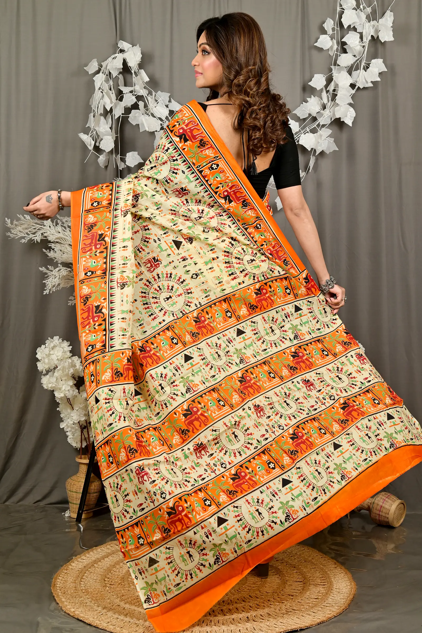 Off White Orange Pure Cotton Feepsi Kalamkari Printed Saree (3034)
