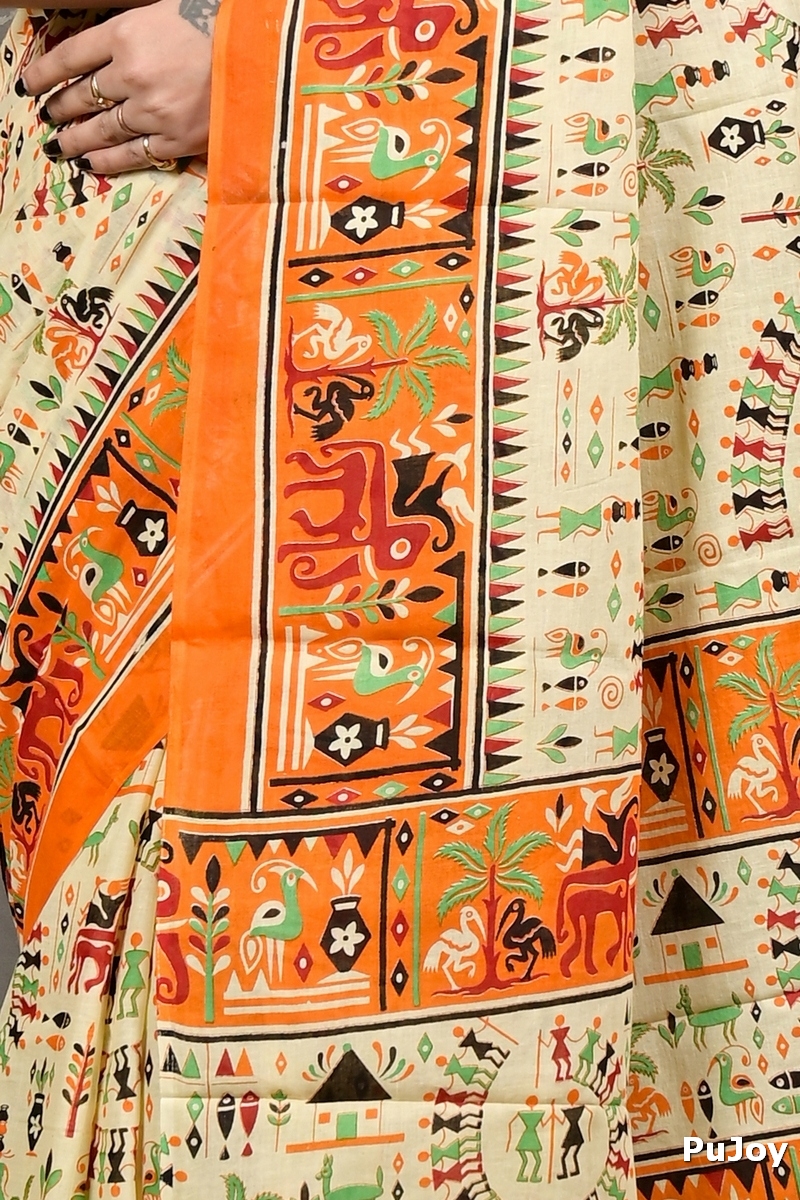 Off White Orange Pure Cotton Feepsi Kalamkari Printed Saree (3034)