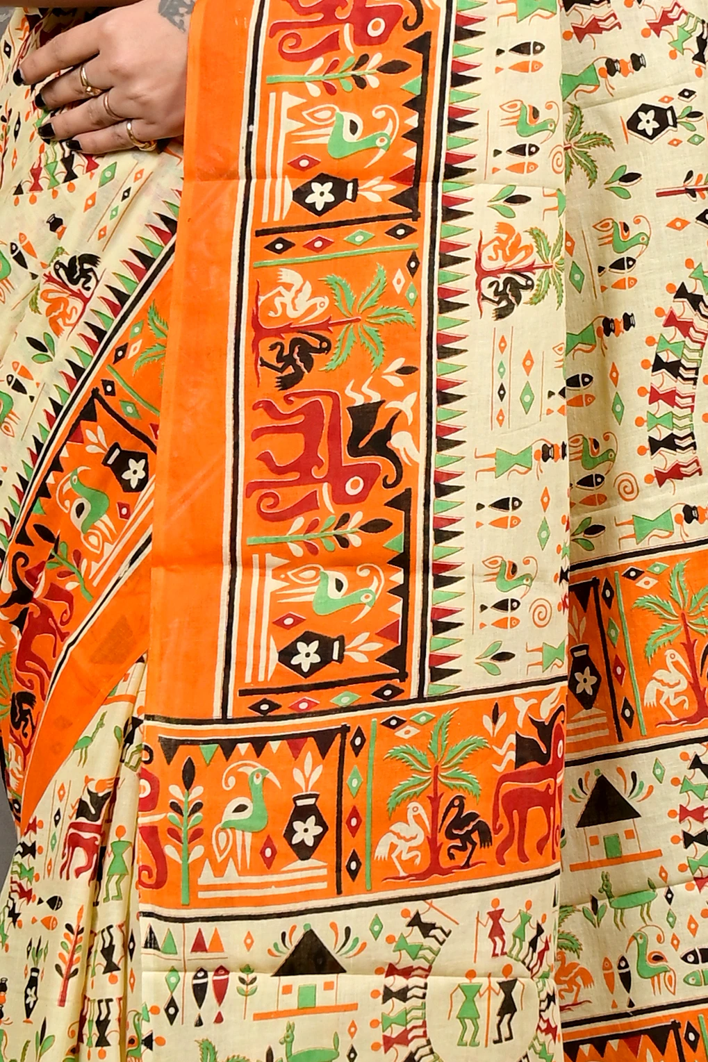 Off White Orange Pure Cotton Feepsi Kalamkari Printed Saree (3034)