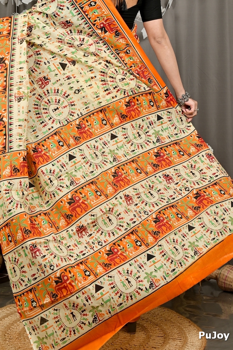 Off White Orange Pure Cotton Feepsi Kalamkari Printed Saree (3034)
