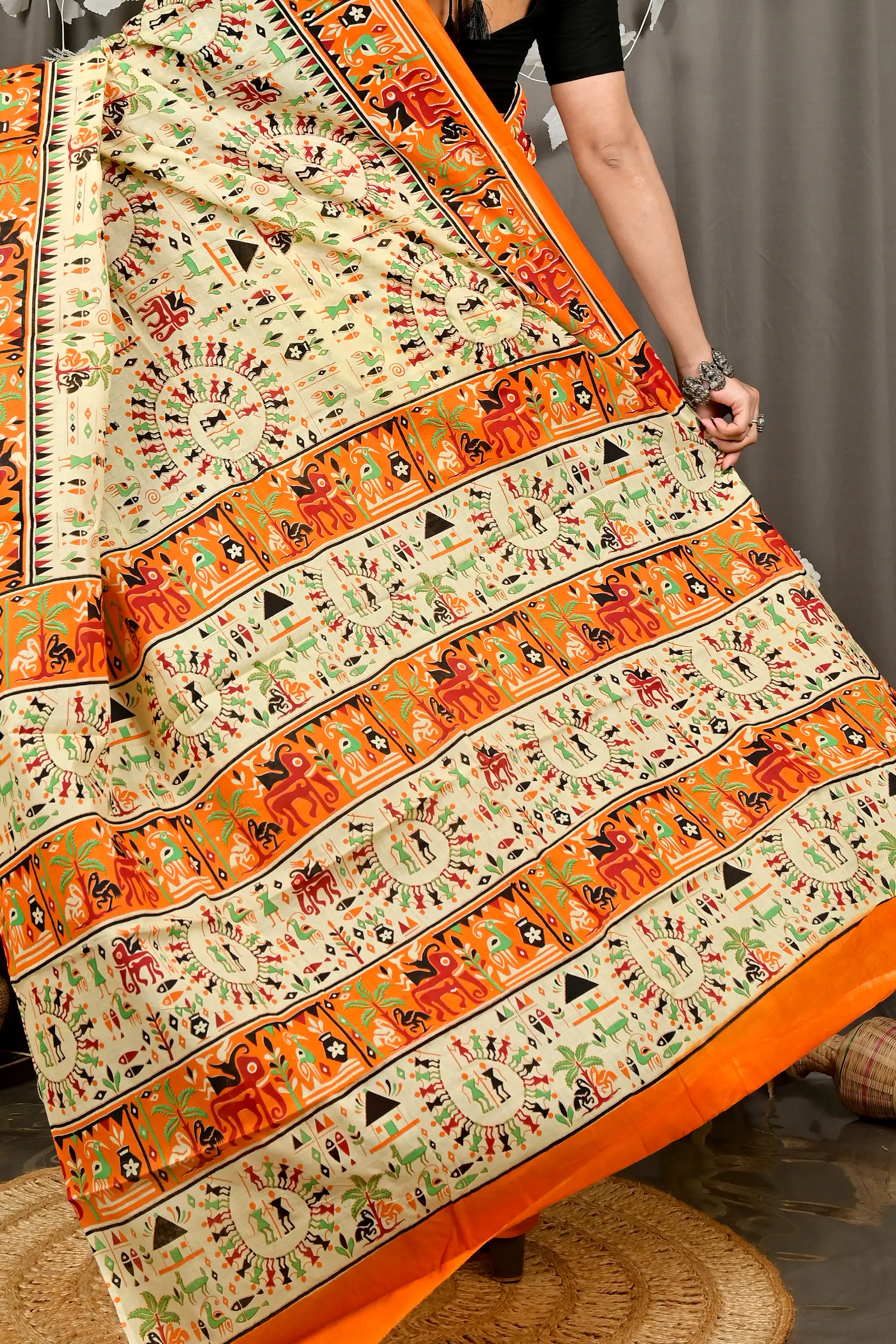 Off White Orange Pure Cotton Feepsi Kalamkari Printed Saree (3034)