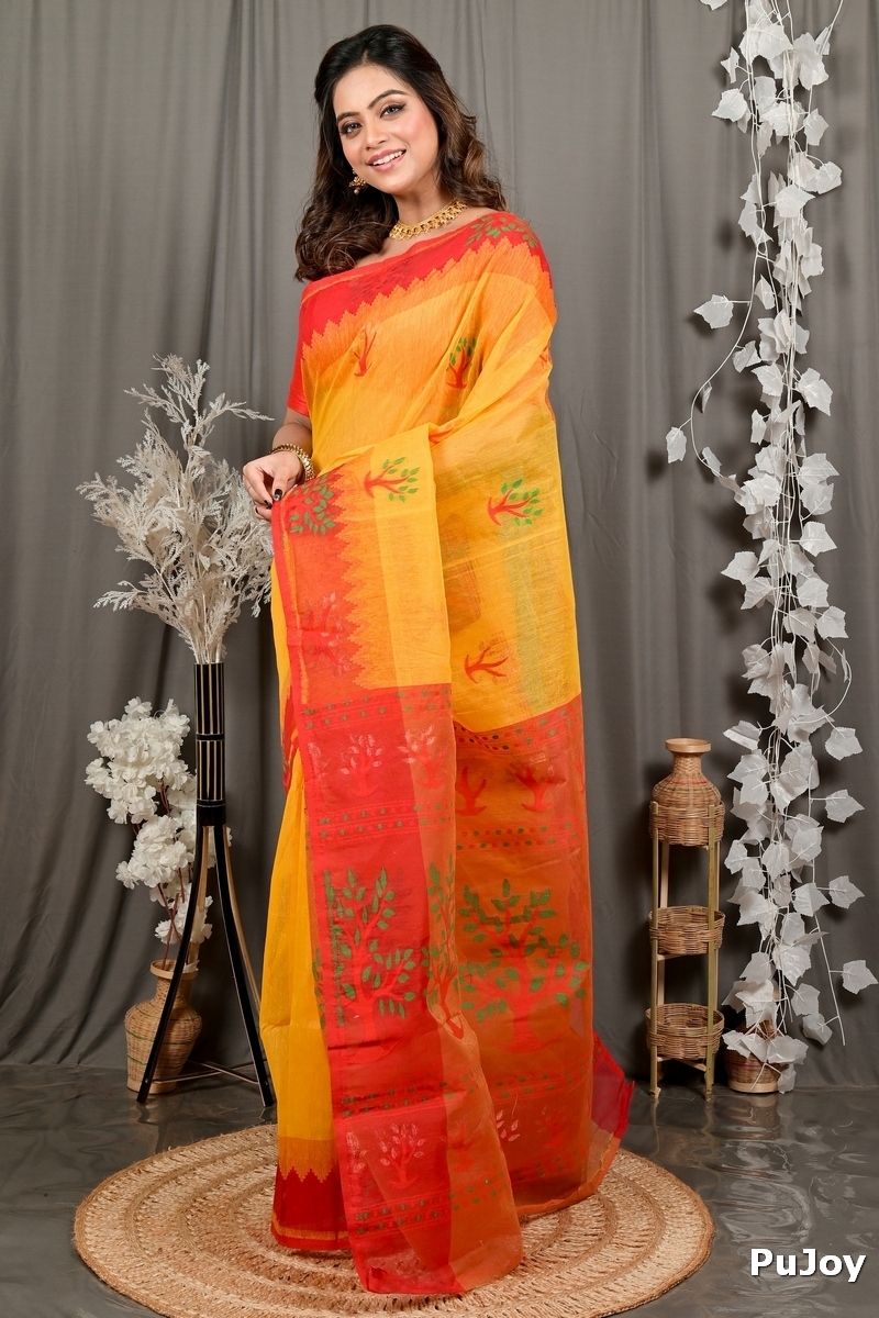 Yellow Red Pure Cotton Fevai Jamdani Saree (3035)