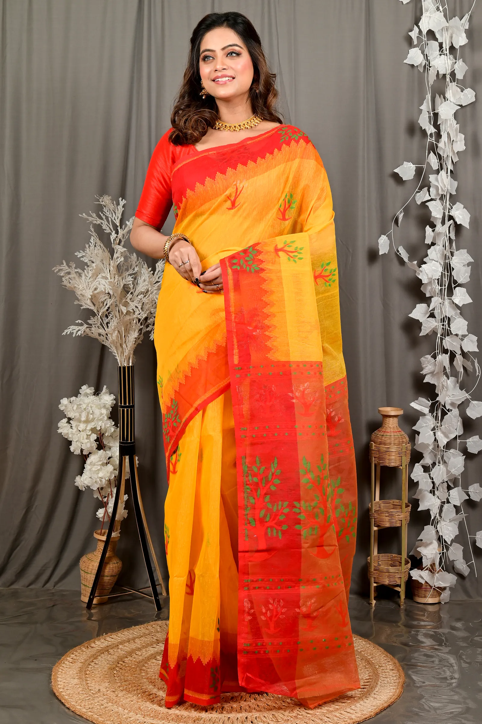 Yellow Red Pure Cotton Fevai Jamdani Saree (3035)