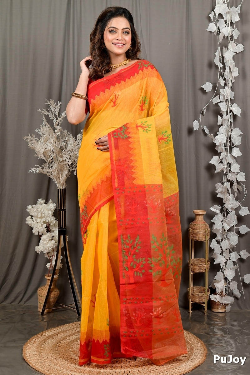 Yellow Red Pure Cotton Fevai Jamdani Saree (3035)
