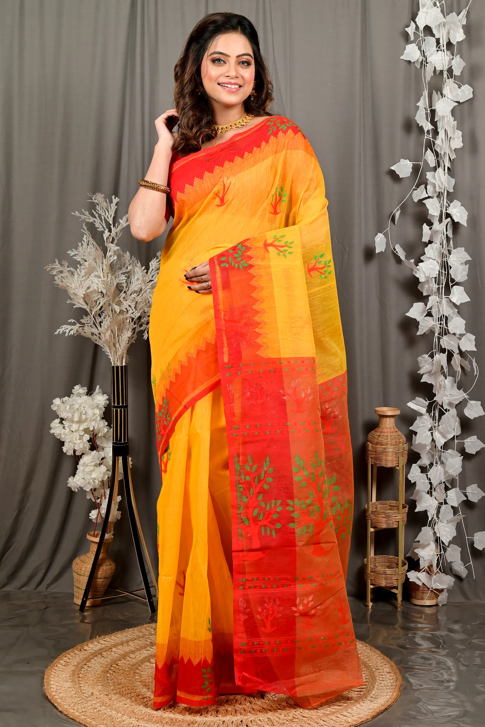 Yellow Red Pure Cotton Fevai Jamdani Saree (3035)