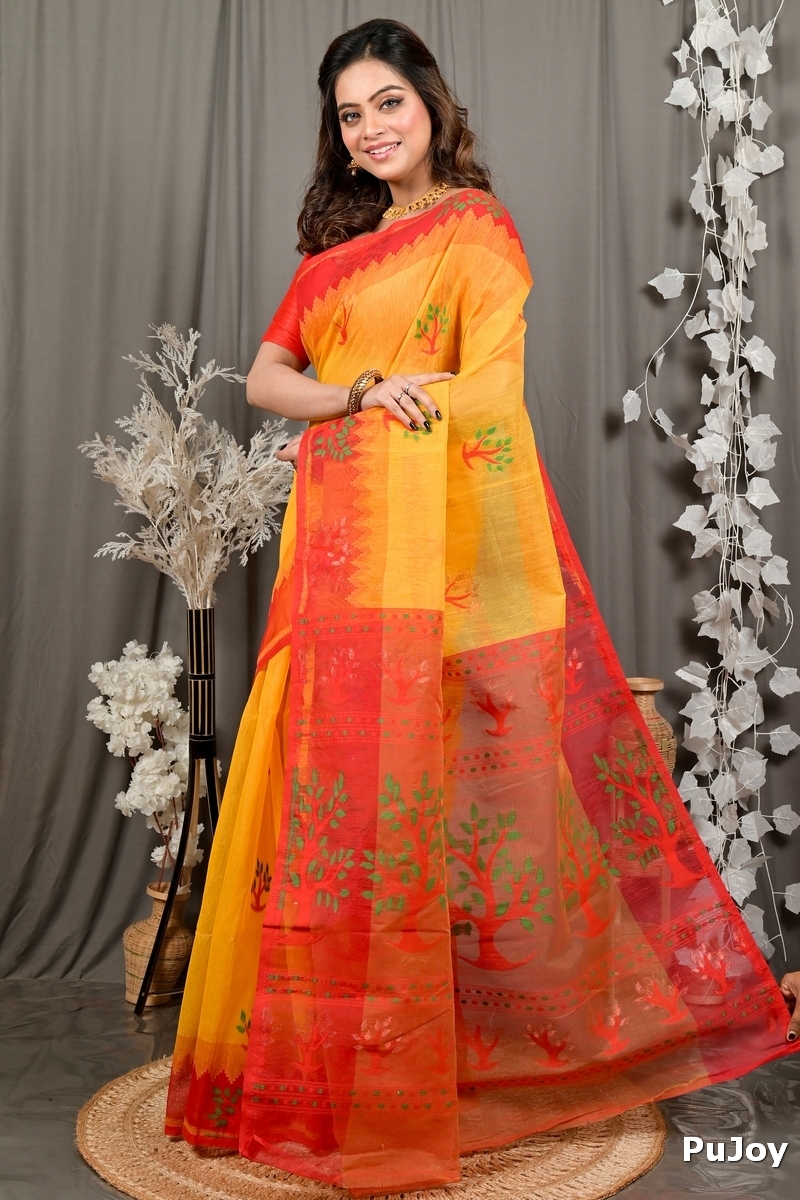 Yellow Red Pure Cotton Fevai Jamdani Saree (3035)