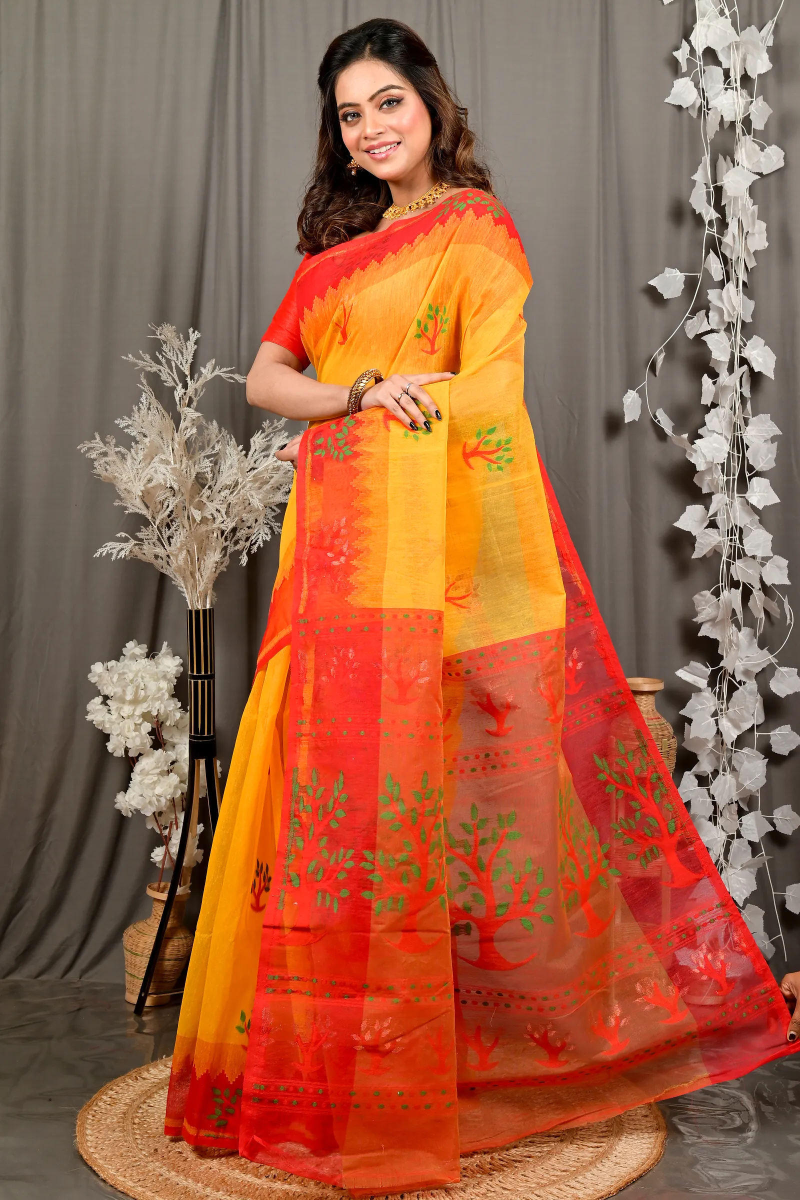 Yellow Red Pure Cotton Fevai Jamdani Saree (3035)