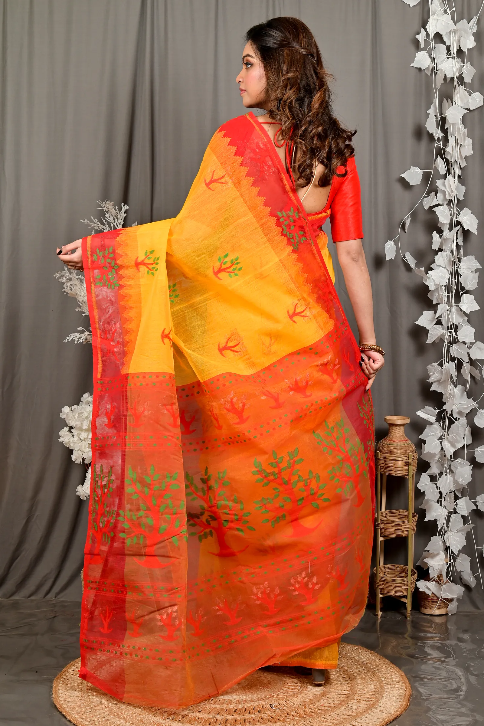 Yellow Red Pure Cotton Fevai Jamdani Saree (3035)