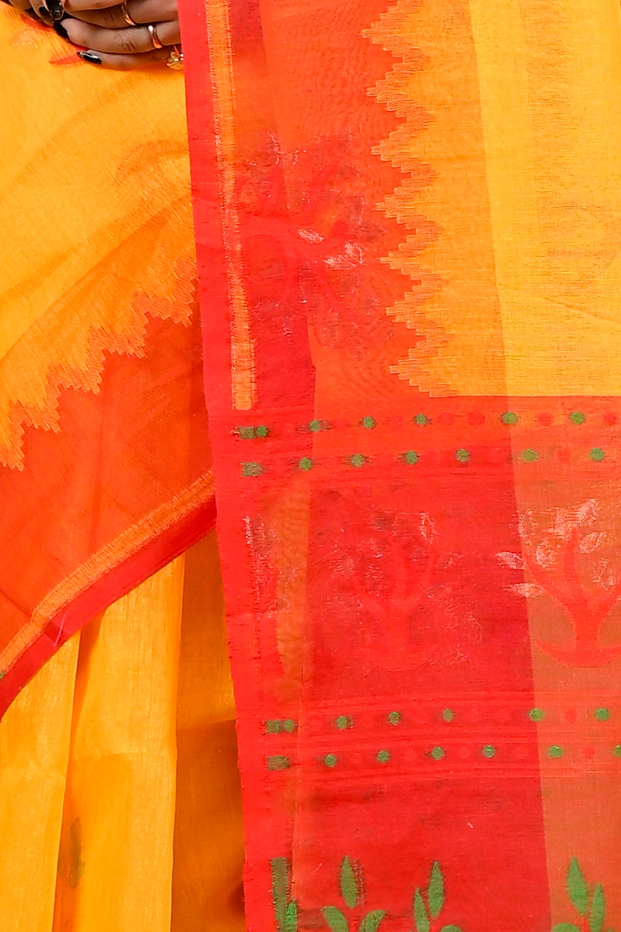 Yellow Red Pure Cotton Fevai Jamdani Saree (3035)