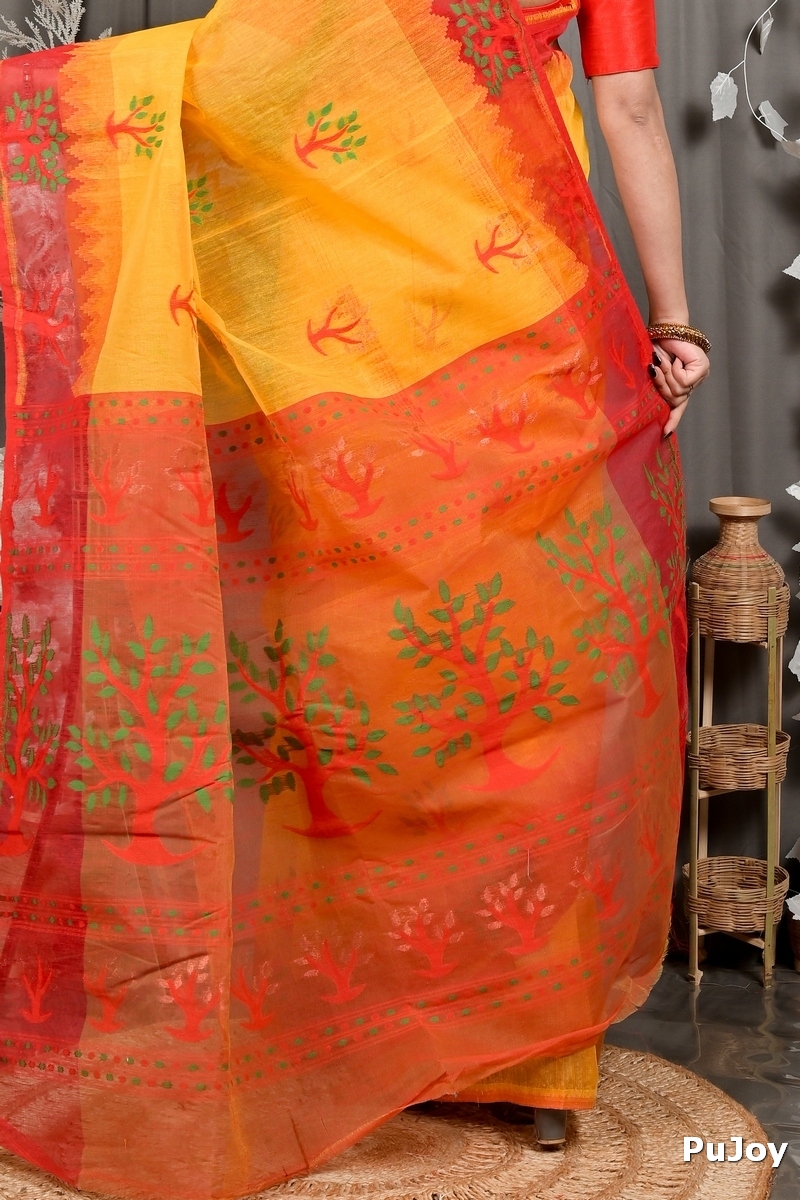 Yellow Red Pure Cotton Fevai Jamdani Saree (3035)