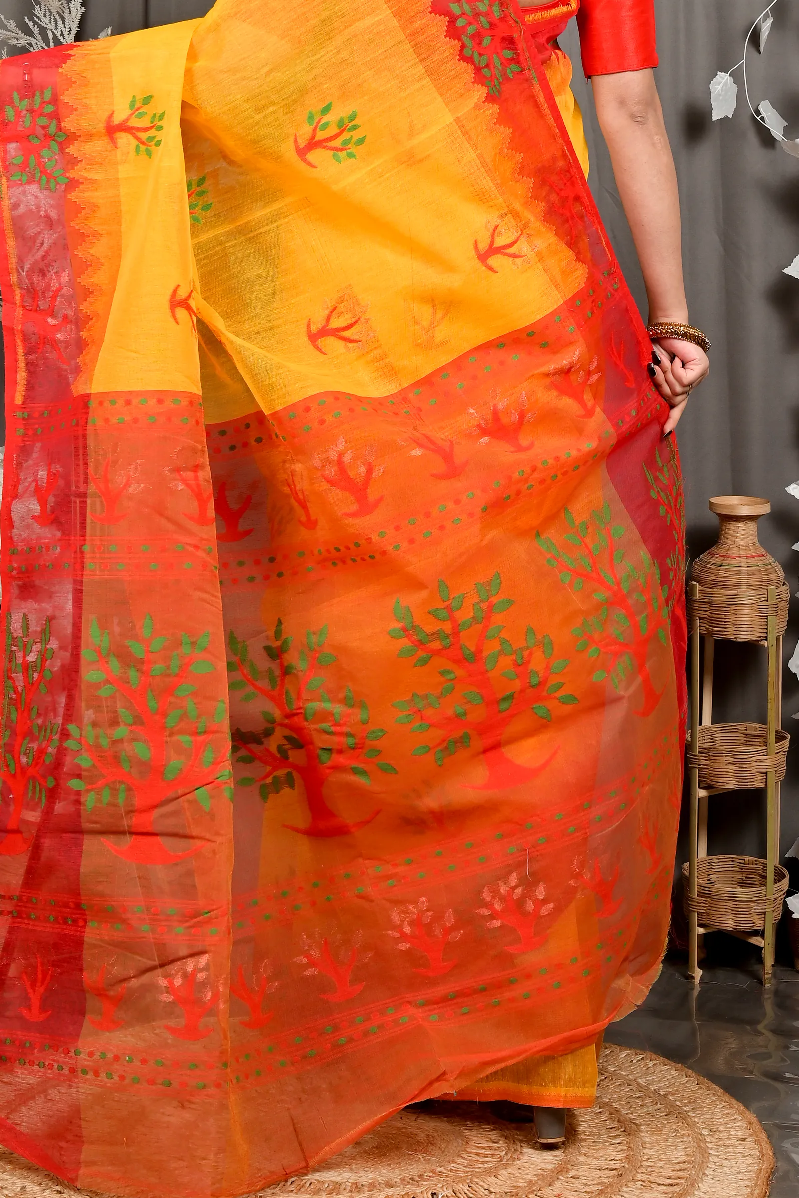 Yellow Red Pure Cotton Fevai Jamdani Saree (3035)