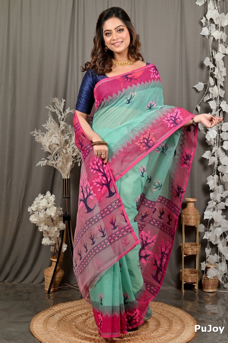 Green Purple Pure Cotton Fevai Jamdani Saree (3036)