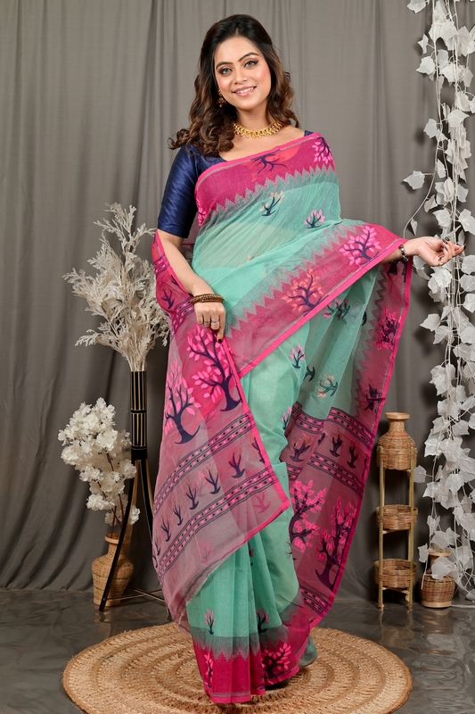 Green Purple Pure Cotton Fevai Jamdani Saree (3036)