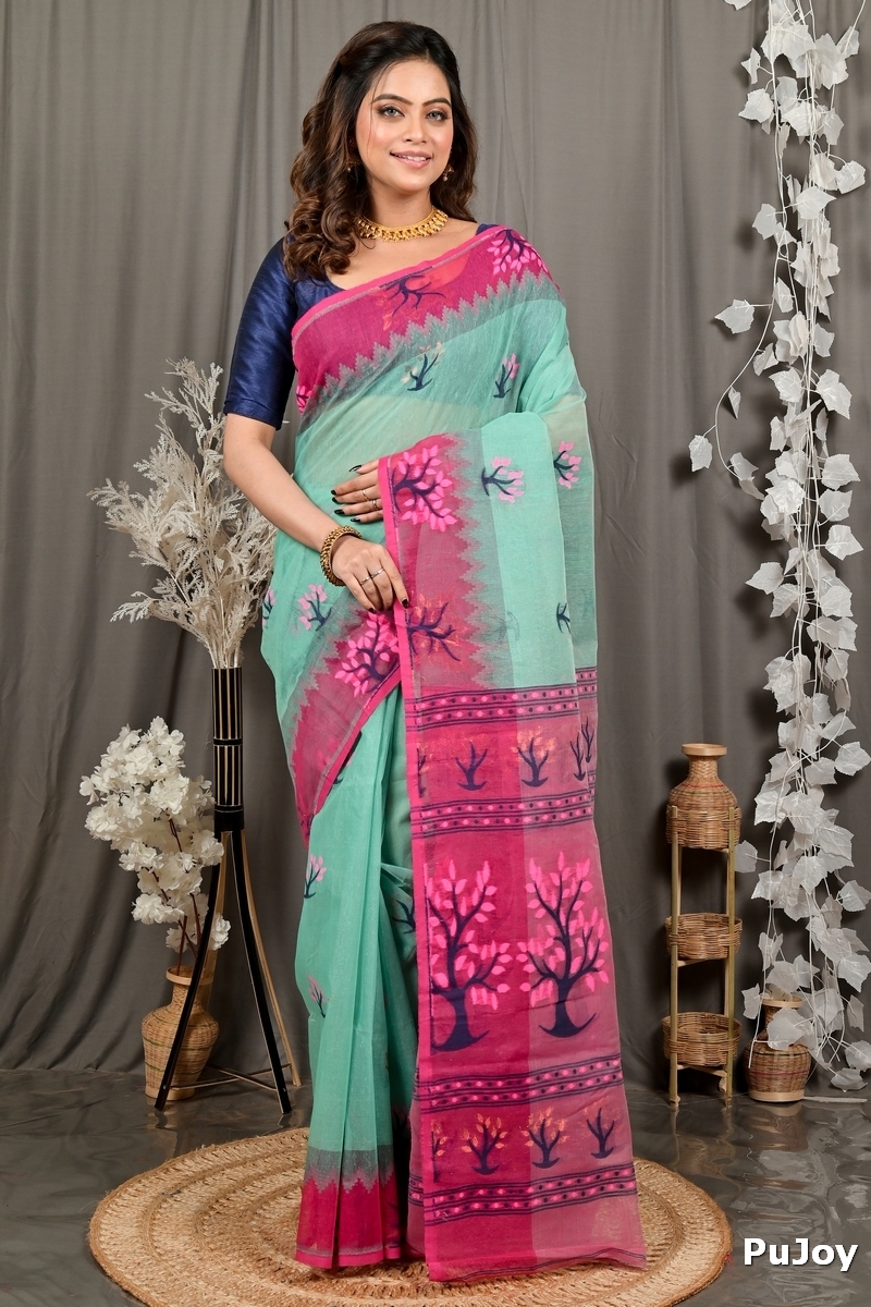 Green Purple Pure Cotton Fevai Jamdani Saree (3036)