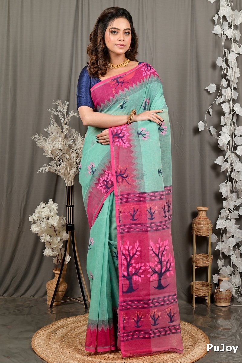 Green Purple Pure Cotton Fevai Jamdani Saree (3036)