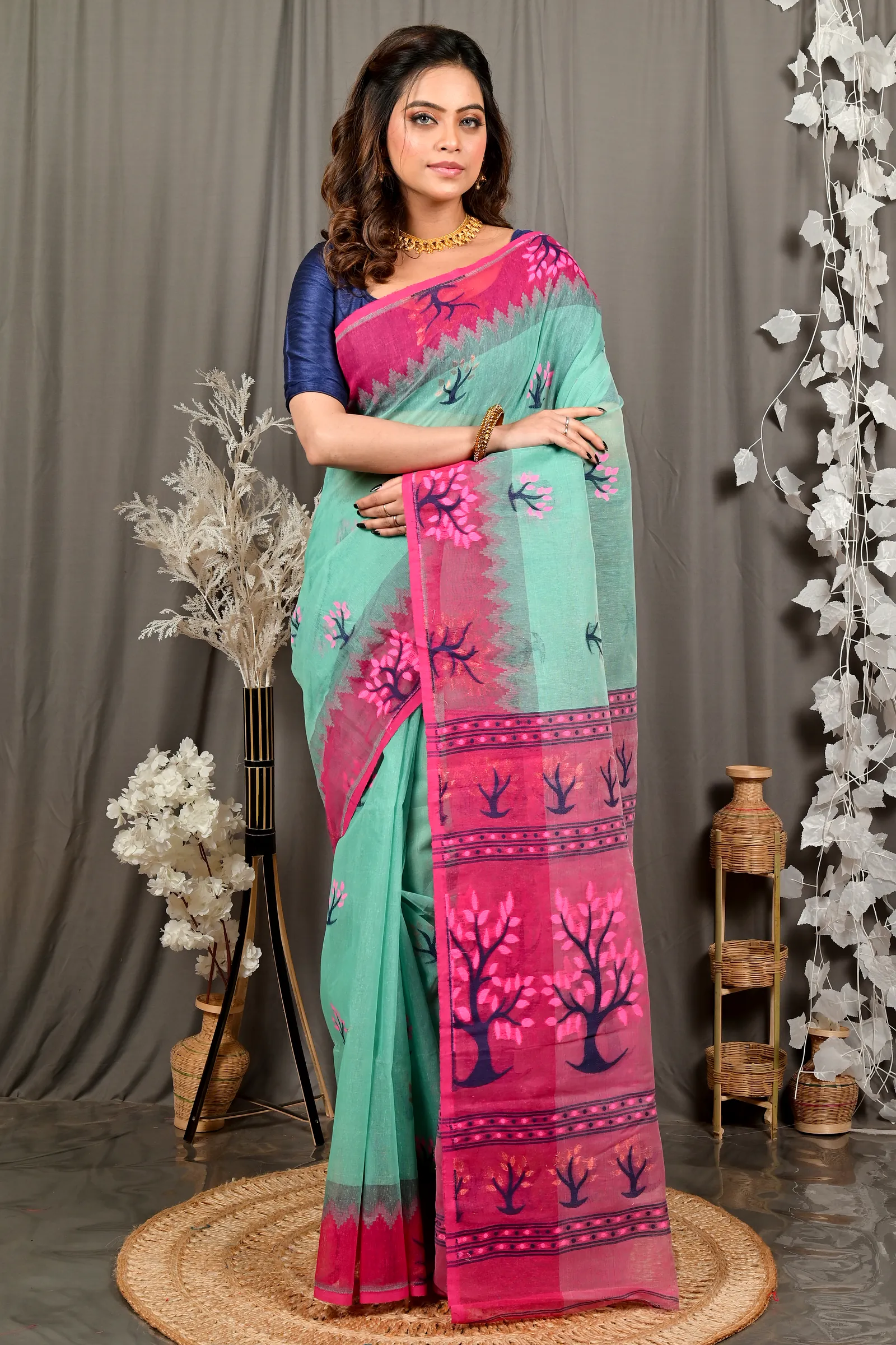 Green Purple Pure Cotton Fevai Jamdani Saree (3036)