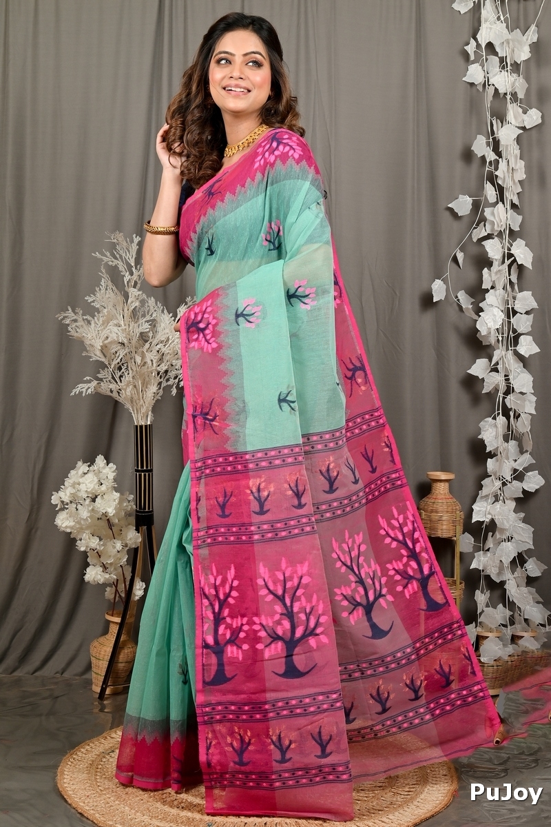 Green Purple Pure Cotton Fevai Jamdani Saree (3036)