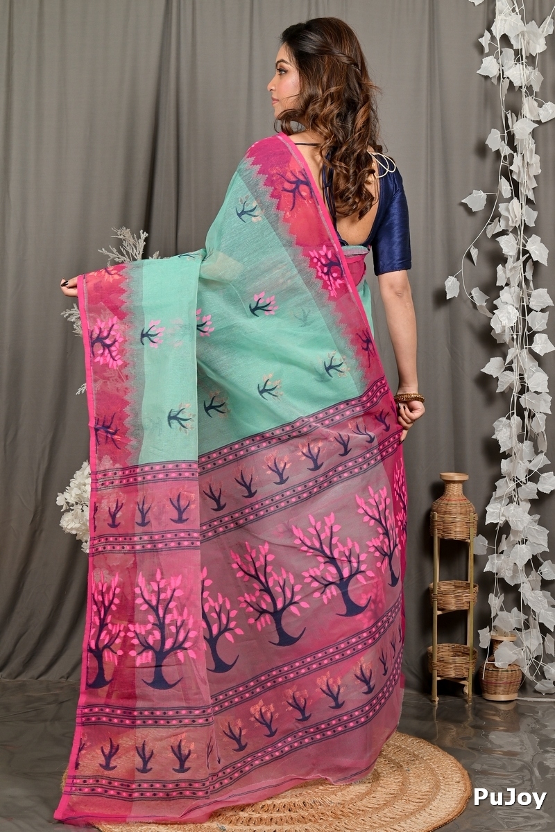 Green Purple Pure Cotton Fevai Jamdani Saree (3036)
