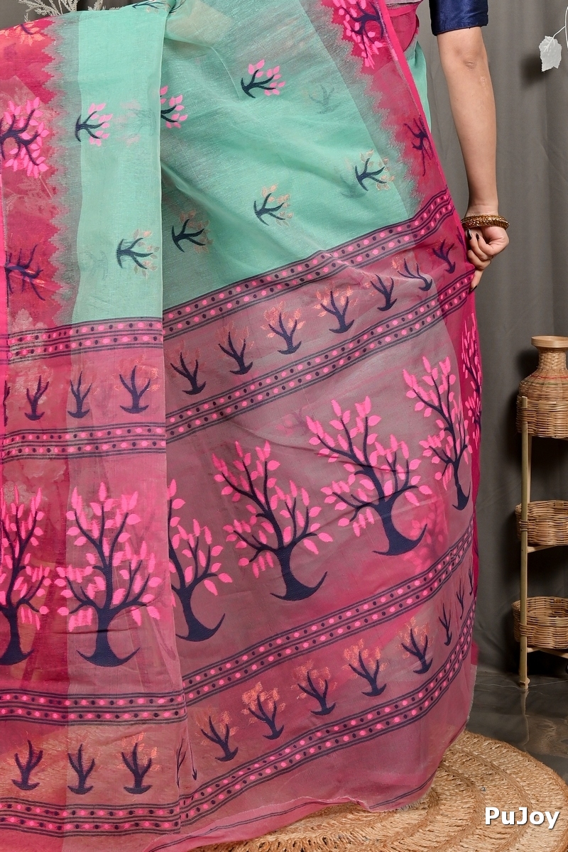 Green Purple Pure Cotton Fevai Jamdani Saree (3036)