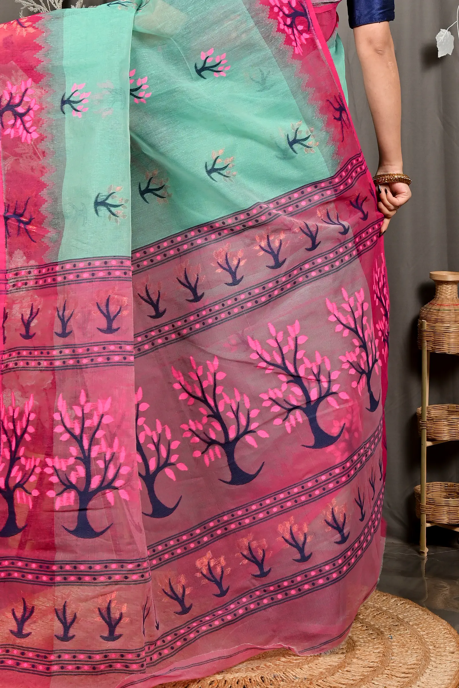 Green Purple Pure Cotton Fevai Jamdani Saree (3036)
