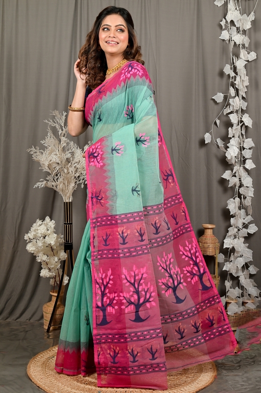 Green Purple Pure Cotton Fevai Jamdani Saree (3036)