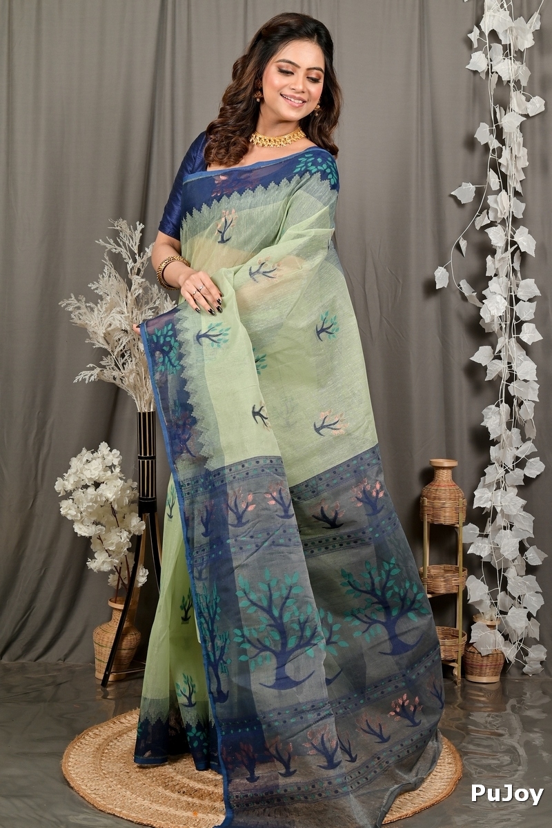 Light Green Blue Pure Cotton Fevai Jamdani Saree (3037)