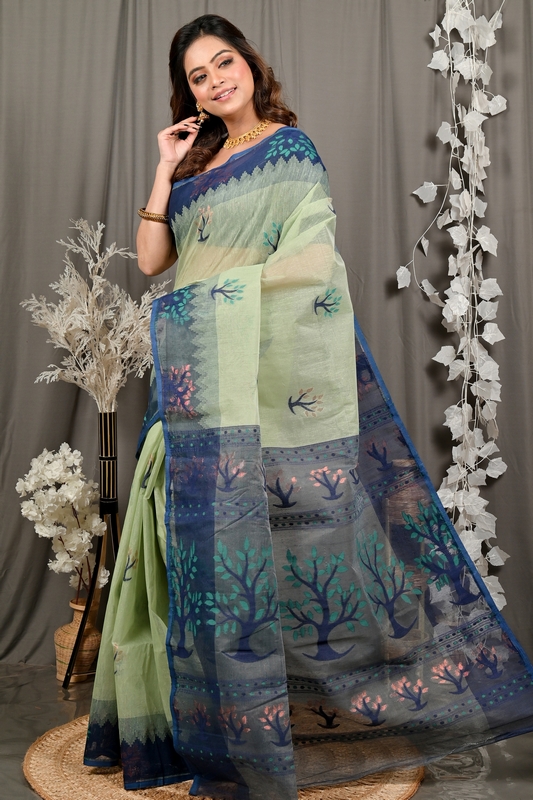 Light Green Blue Pure Cotton Fevai Jamdani Saree (3037)