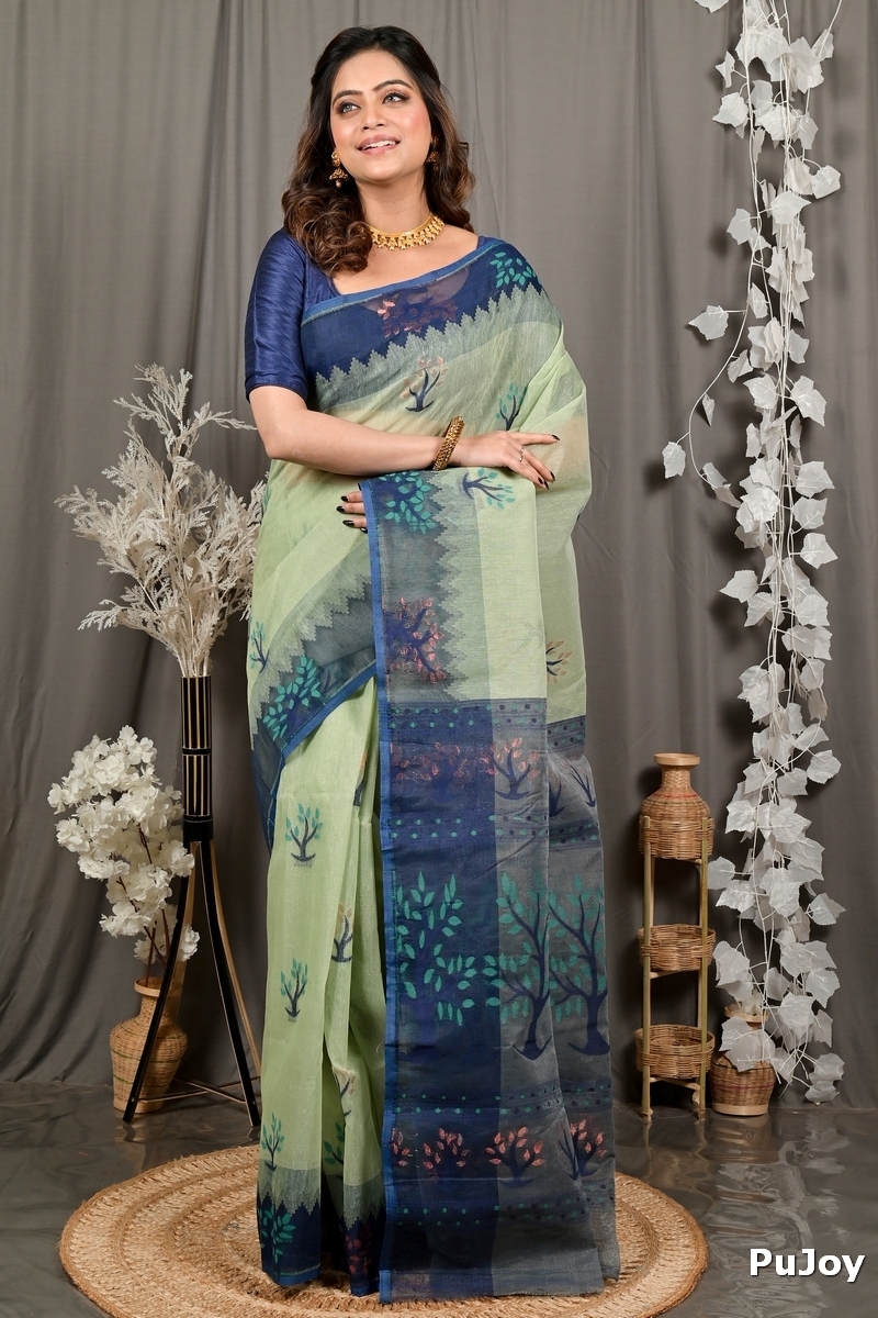 Light Green Blue Pure Cotton Fevai Jamdani Saree (3037)