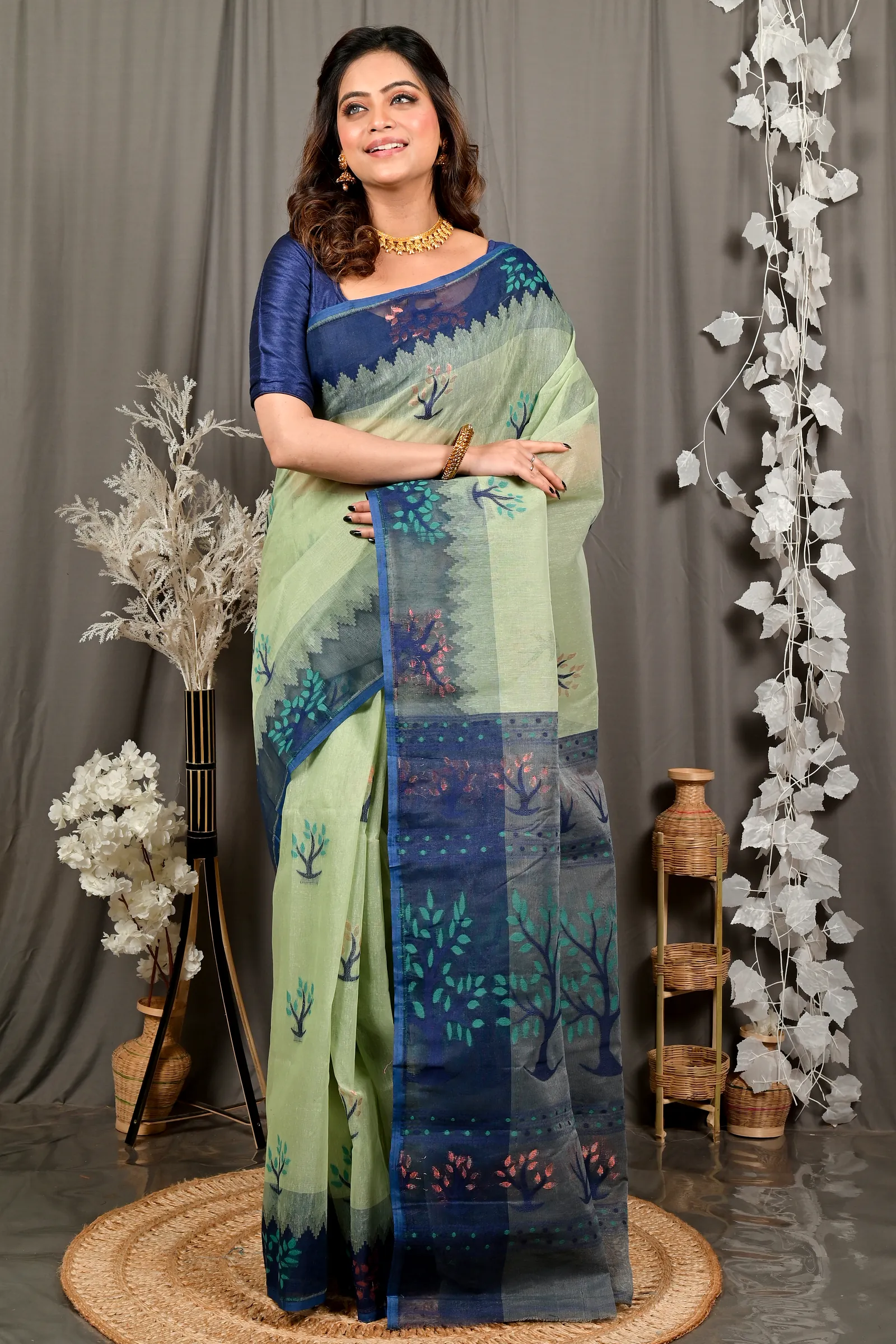 Light Green Blue Pure Cotton Fevai Jamdani Saree (3037)
