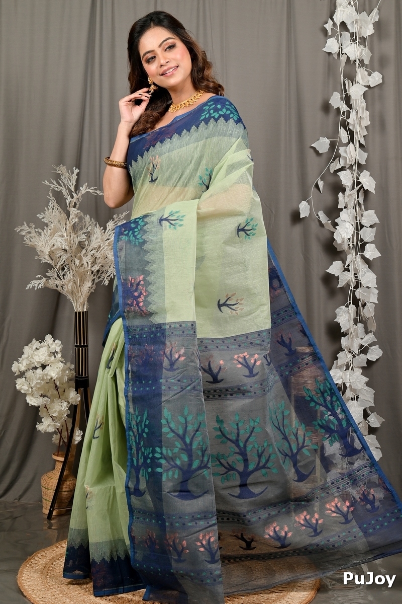 Light Green Blue Pure Cotton Fevai Jamdani Saree (3037)