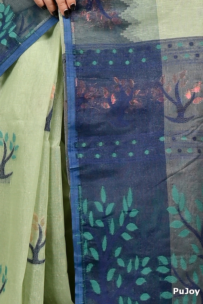 Light Green Blue Pure Cotton Fevai Jamdani Saree (3037)