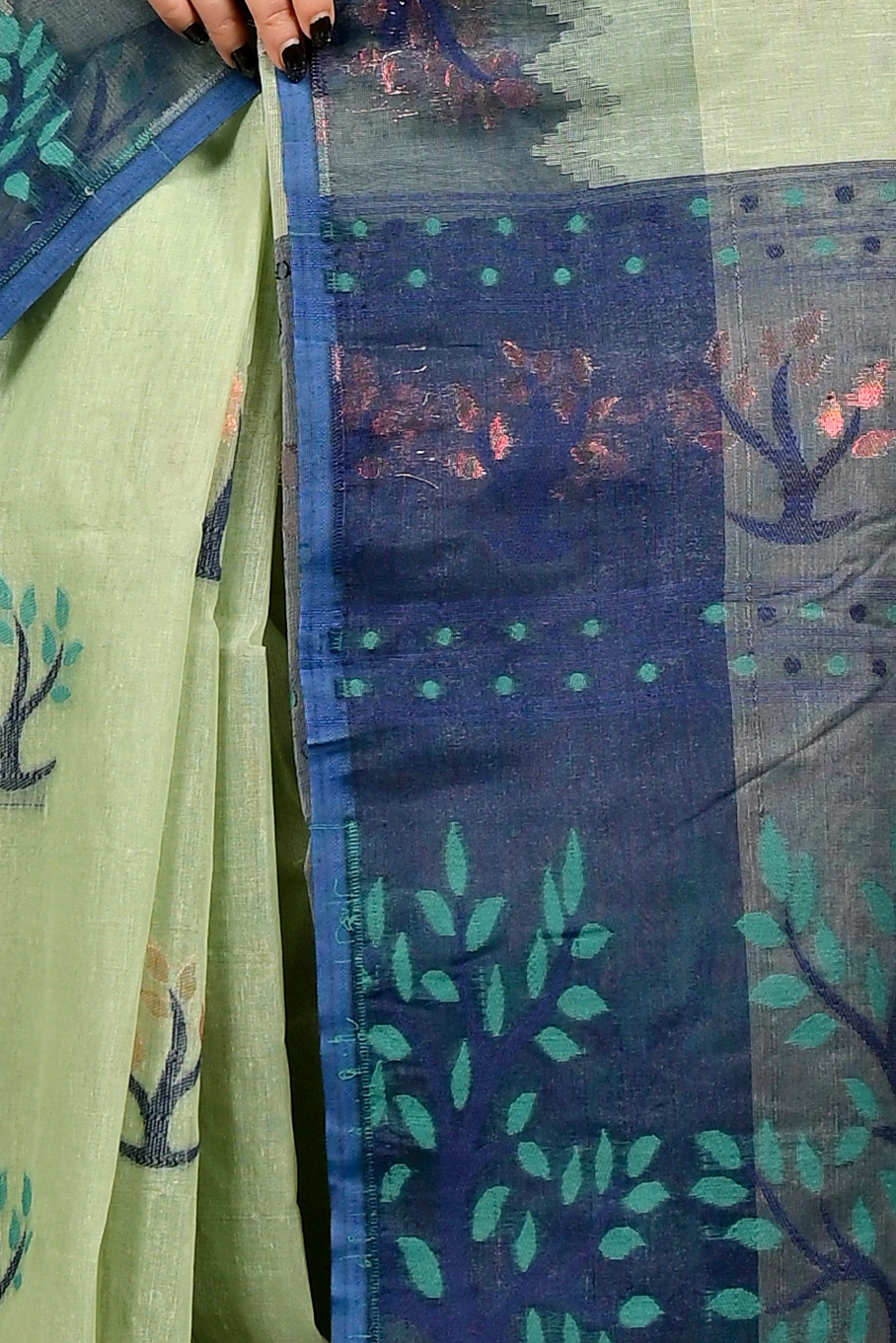 Light Green Blue Pure Cotton Fevai Jamdani Saree (3037)