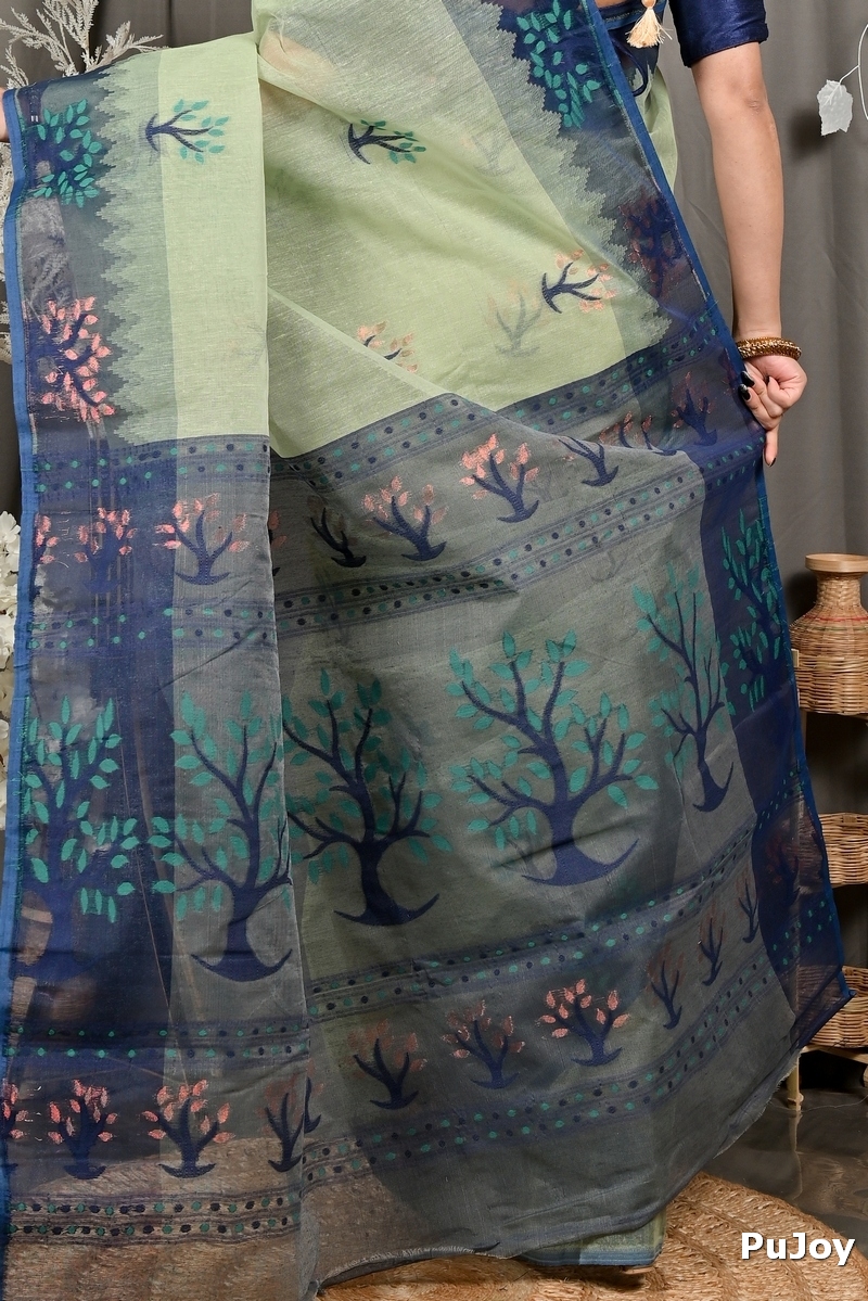 Light Green Blue Pure Cotton Fevai Jamdani Saree (3037)