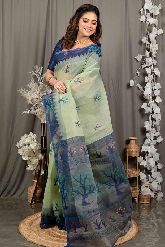 Light Green Blue Pure Cotton Fevai Jamdani Saree (3037)