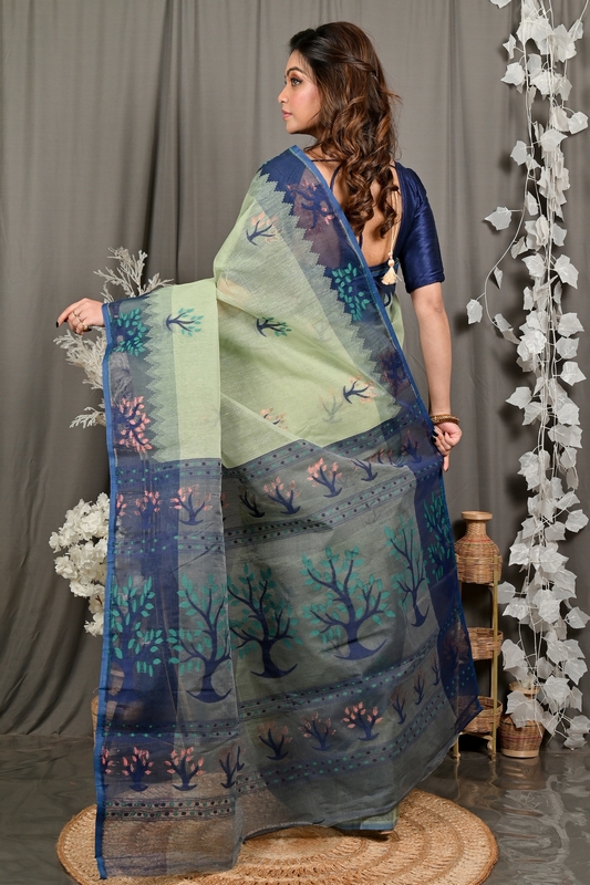 Light Green Blue Pure Cotton Fevai Jamdani Saree (3037)