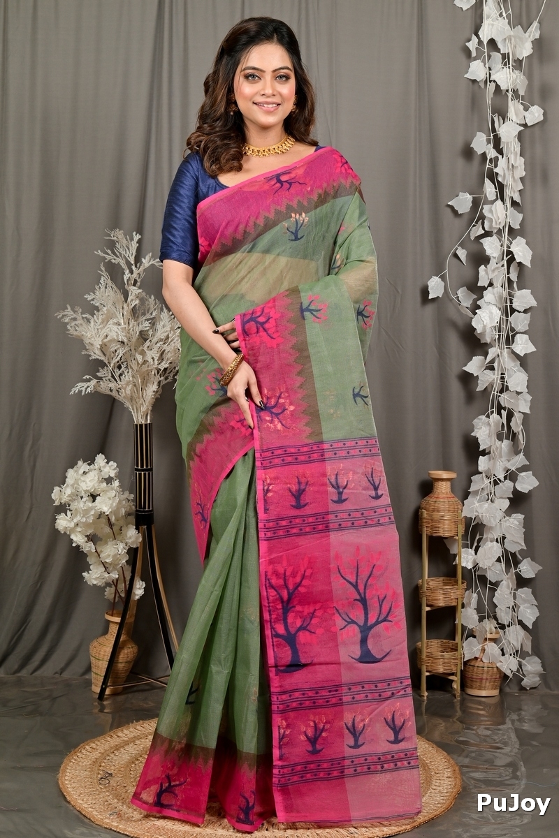 Green Pink Pure Cotton Fevai Jamdani Saree (3038)